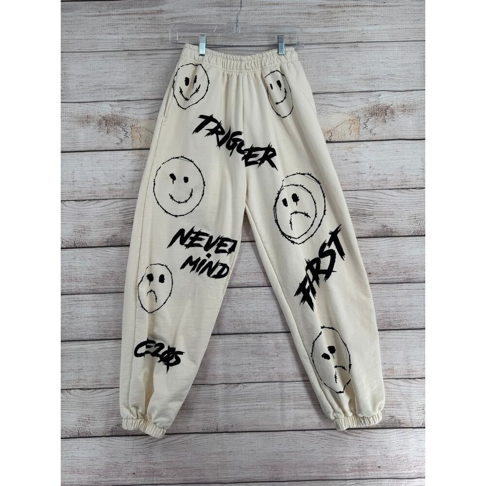 Trigger Club‎ Barbwire Smiley Face Jogger Sweatpants Mens Large White Black